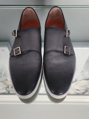 Santoni Men's Black Double Monk Strap Leather Shoes